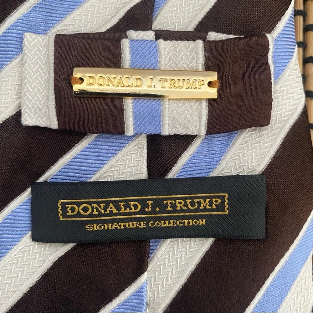 Donald Trump Silk Tie Brown Blue Stripe Classic Mens Neck Tie Hand Made